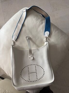 Hermes White Evelyn crossbody Shoulder Bag with Blue-Trim Strap (purchase 2014)